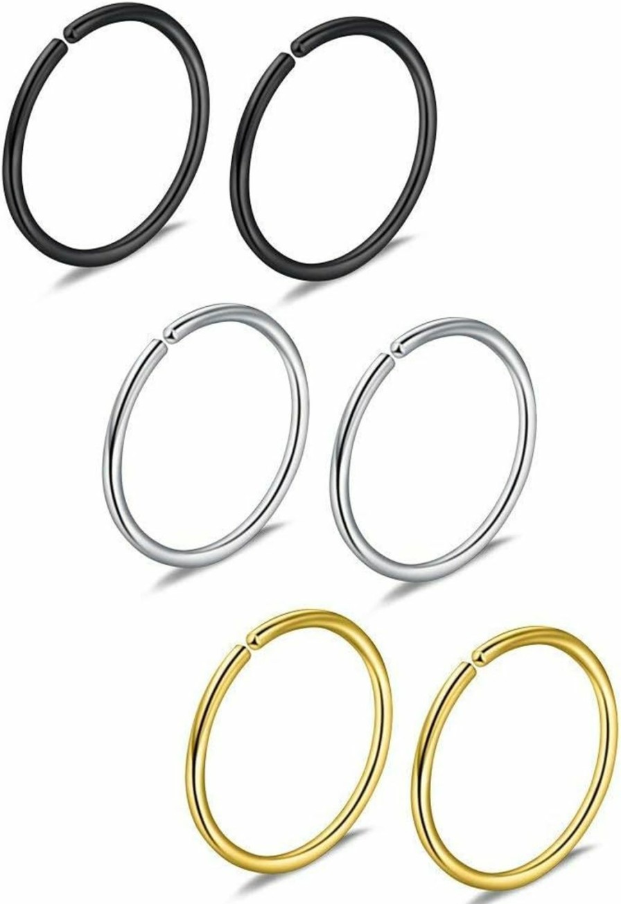 A+ Piercing Jewelry 6Pcs 20G 8Mm Non Pierced Stainless Steel Clip On Closure Round Ring Fake Nose Lip Helix Cartilage Tragus Ear Hoop Faux Body Piercing Jewelry