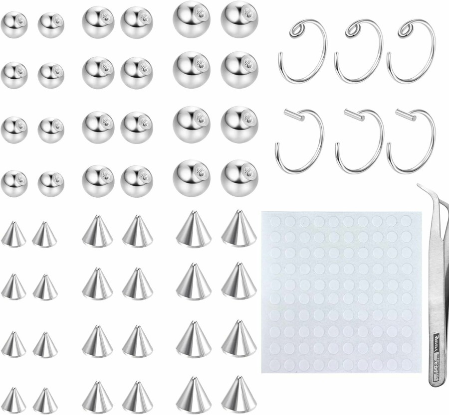 TEN MIRO Ten Miro Fake Eyebrow Ring Fake Lip Labret Studs Replacement Balls Spike With 100Pcs Sticker Non-Piercing Nose Rings Hoop Body Jewelry Fake Skin Piercing 3Mm 4Mm 5Mm Faux Body Piercing Jewelry