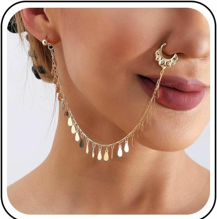 TseanYi Tseanyi Punk Fake Nose Ring Ear Chain Earrings Gold Disc Tassel Nose Ring Hoop Chain Vintage Sequins Fringer Nose Ring Ear Chain Non Piercing Cuff Nose To Ear Chain Jewelry For Women Girls Faux Body Piercing Jewelry