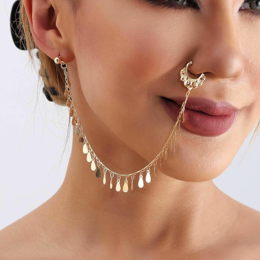 TseanYi Tseanyi Punk Fake Nose Ring Ear Chain Earrings Gold Disc Tassel Nose Ring Hoop Chain Vintage Sequins Fringer Nose Ring Ear Chain Non Piercing Cuff Nose To Ear Chain Jewelry For Women Girls Faux Body Piercing Jewelry