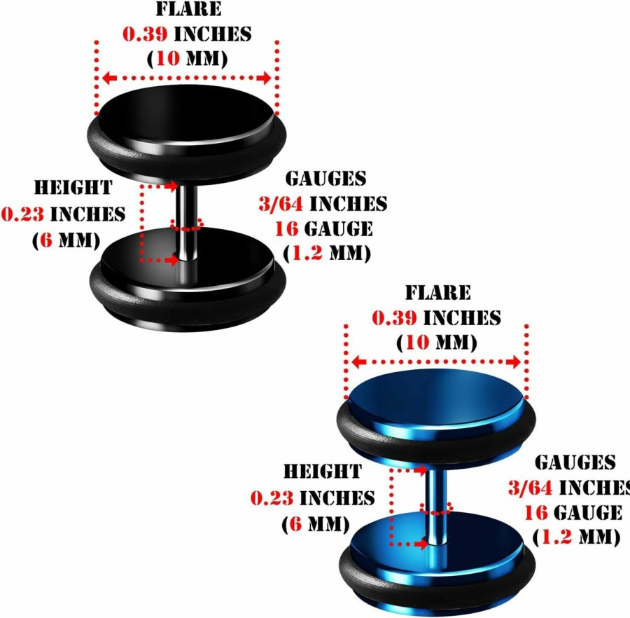 BIG GAUGES Big Gauges 2 Pairs 316L Surgical Steel Black Anodized Dark Blue Fake Plugs O-Rings Piercing Jewelry Ear Cheater Illusion Earring Lobe Faux Body Piercing Jewelry