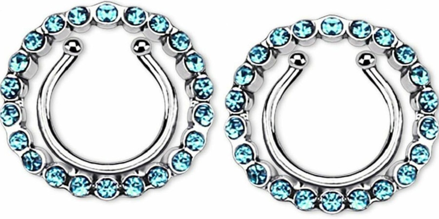 Body Accentz Body Accentz Nipple Rings Non Pierce Pair Clip On Nipple Ring With Multi Paved Gem Circle(Blue) Faux Body Piercing Jewelry