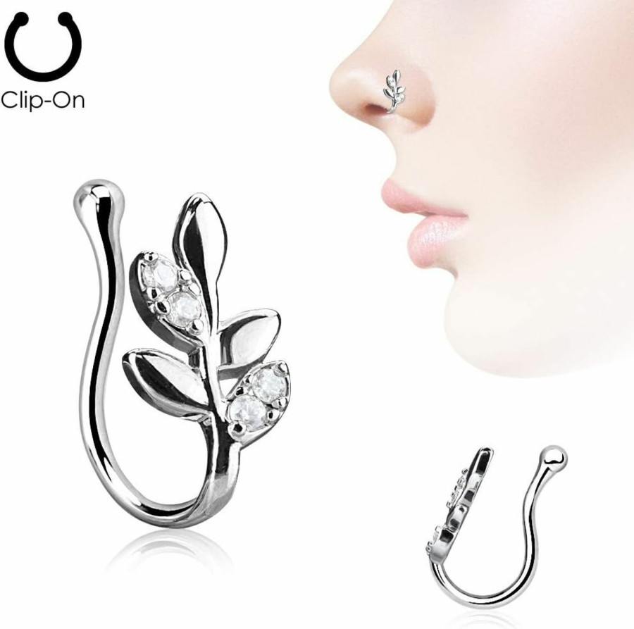 Amelia Fashion Amelia Fashion Silver Olive Branch With Cz Non-Piercing Nose Clip-On Faux Body Piercing Jewelry