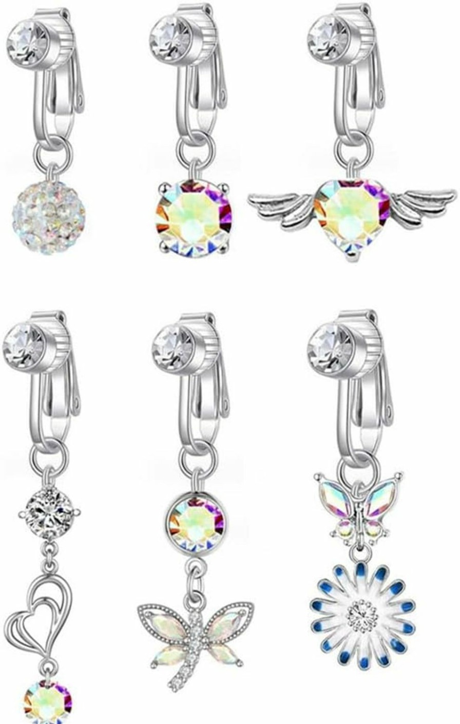 Niaspi Niaspi 6Pcs Fake Belly Button Rings For Women Girls Stainless Steel Non-Piercing Clip On Belly Navel Rings Dangle Colorful Cz Belly Jewelry Faux Body Piercing Jewelry