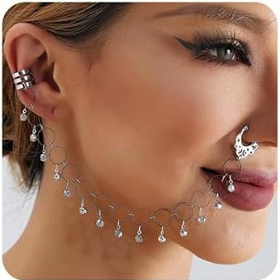 Wiwpar Wiwpar Punk Fake Septum Rings Crystal Pendent Circle Silver Nose Rings Hoop Chain Indian Non Piercing Nose Hoop Ring Chain Dangle Earrings Halloween Christmas Costume Jewelry For Women Girls (Style3) Faux Body Piercing Jewelry