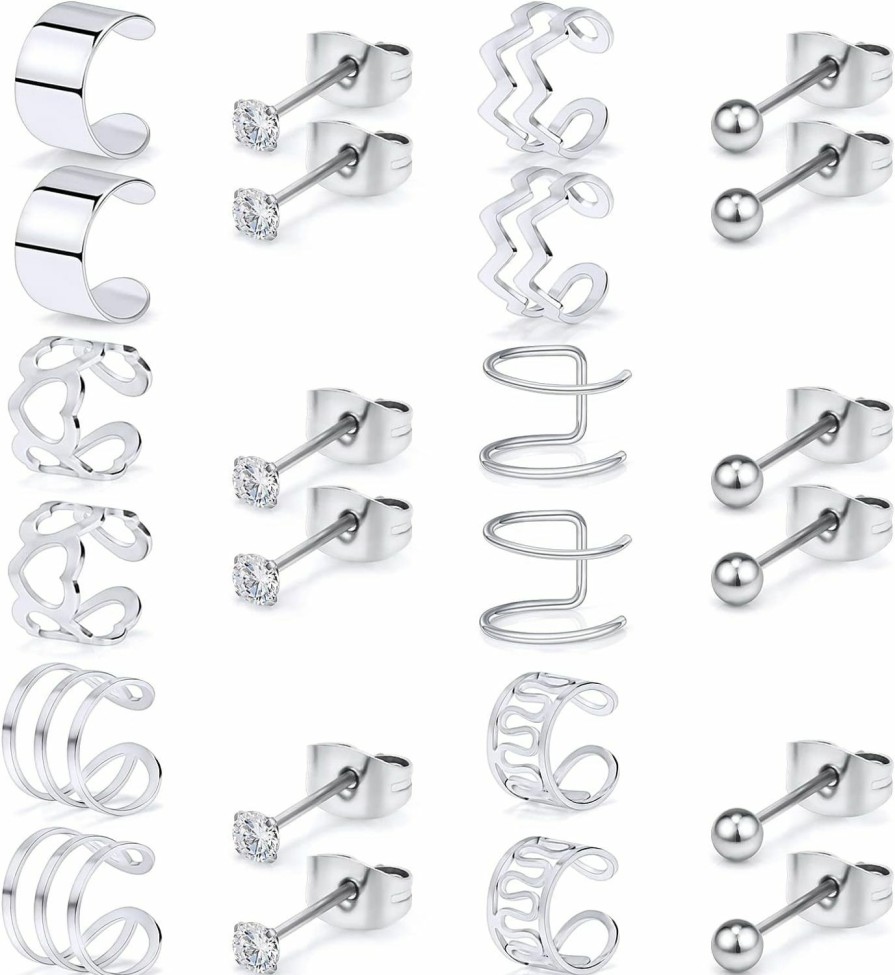 Vsnnsns Vsnnsns Ear Cuff Earrings Set Adjustable For Women Men 316L Surgical Stainless Steel Non-Piercing Cartilage Clip On Wrap Earring Fake Helix Cartilage Cuffs Earrings Fake Lip Nose Ring 12 Pairs Faux Body Piercing Jewelry