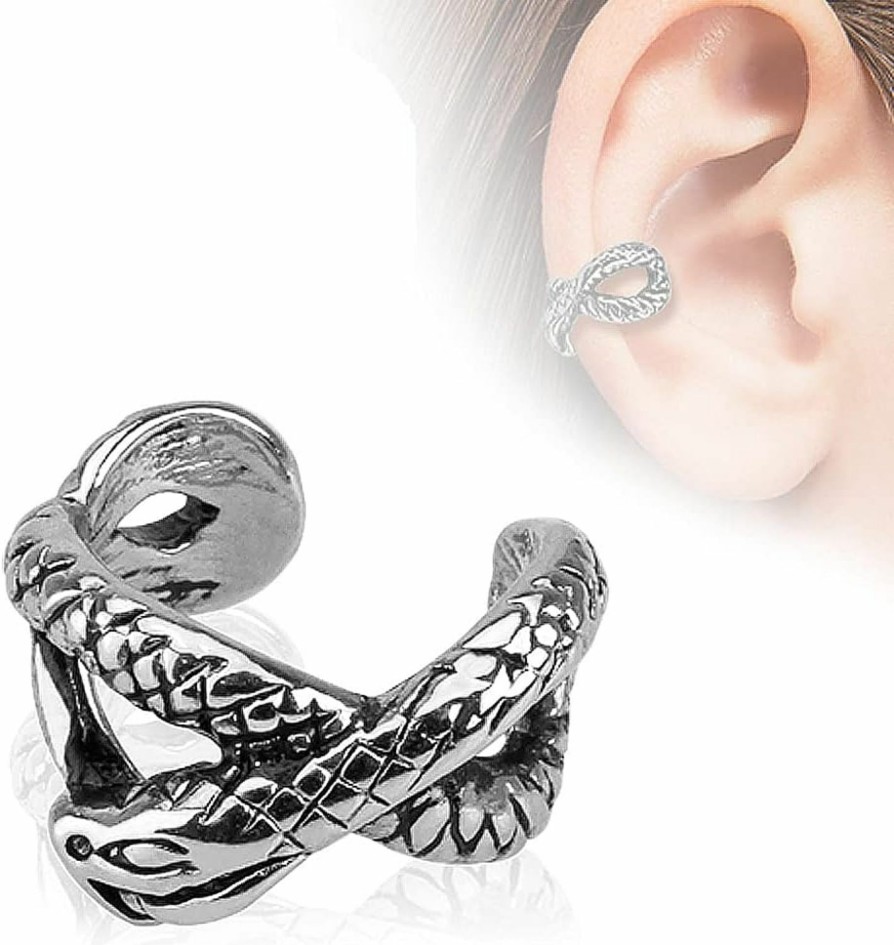 Pierced Owl Stainless Steel Clip On Wrapped Snake Non-Piercing Fake Cartilage Helix Ear Cuff Faux Body Piercing Jewelry