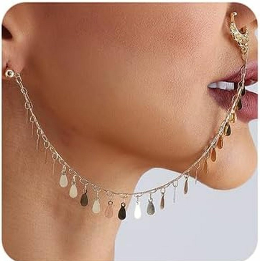 Octwine Octwine Women Gold Tassels Nose Rings Sequin Earrings Chain Hoops Earrings Chain Fake Nose Ring Chain Non Piercing Nose Rings Earrings To Dangle Halloween Earring For Women Faux Body Piercing Jewelry