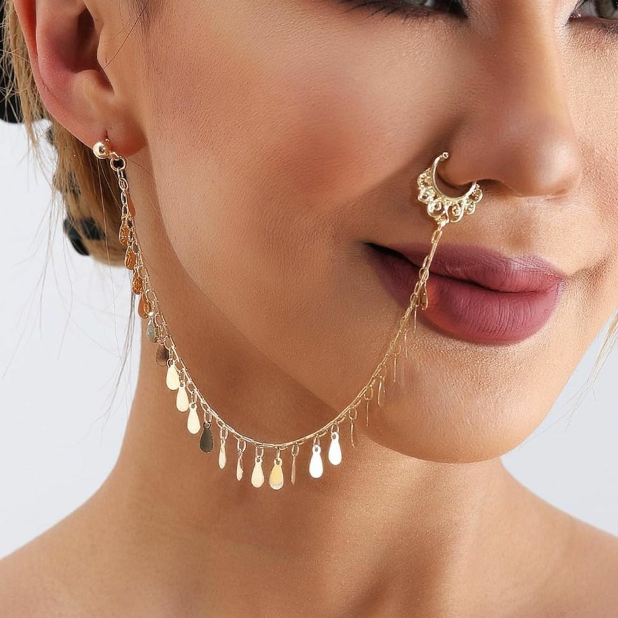 Octwine Octwine Women Gold Tassels Nose Rings Sequin Earrings Chain Hoops Earrings Chain Fake Nose Ring Chain Non Piercing Nose Rings Earrings To Dangle Halloween Earring For Women Faux Body Piercing Jewelry