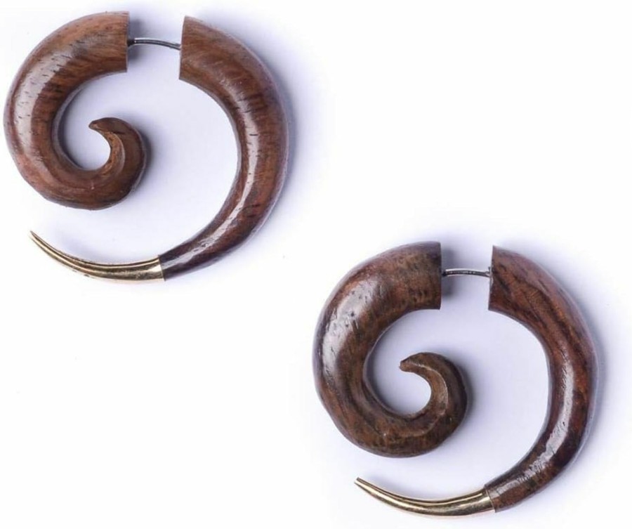 81stgeneration 81Stgeneration Women'S Men'S Brown Wood Brass Gold Tone 30 Mm Fake Stretcher Spiral Tribal Earrings Faux Body Piercing Jewelry