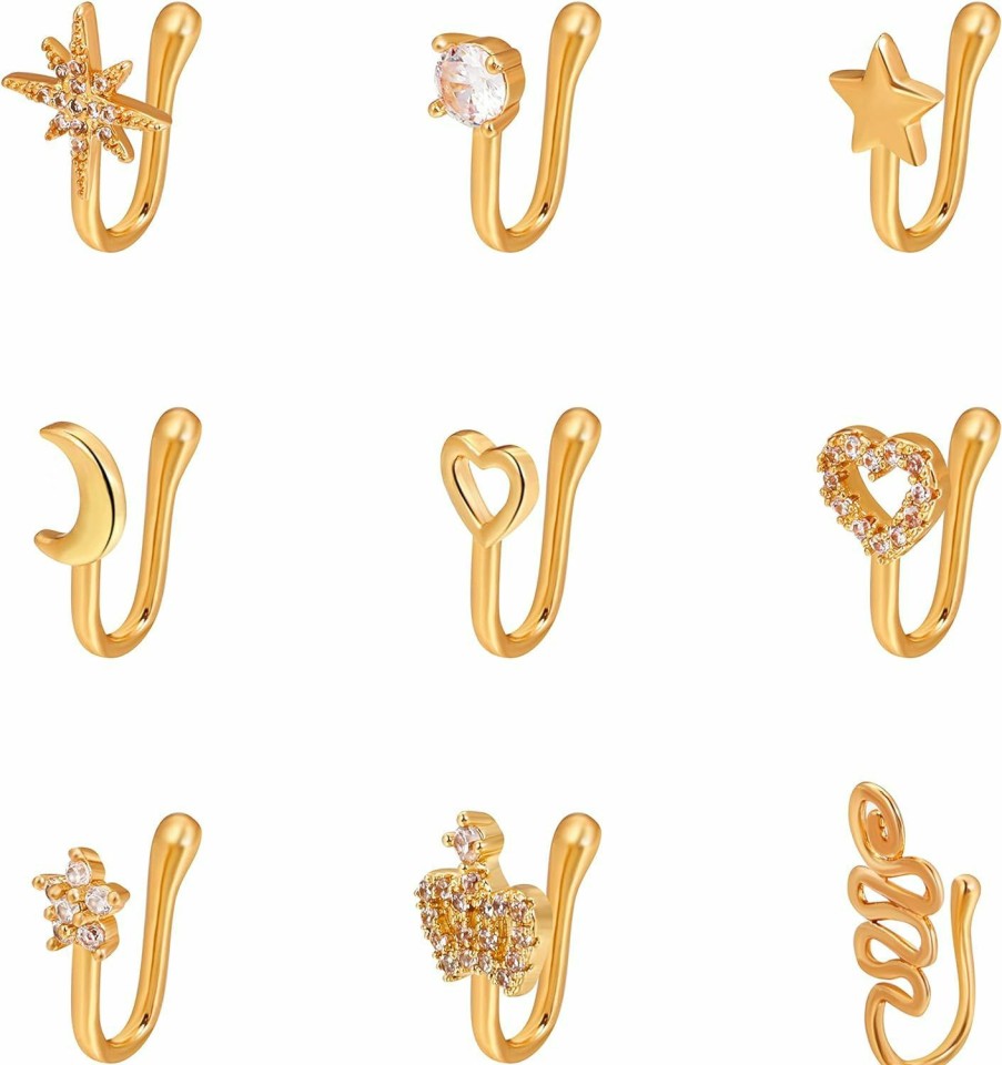 Hmooy Hmooy 9Pcs Fake Nose Rings, Gold African Nose Cuff Non Piercing Clip On Nose Ring Nose Clip Nose Ring Fake Nose Ring Cuff Nose Clip Jewelry For Women Men Faux Body Piercing Jewelry