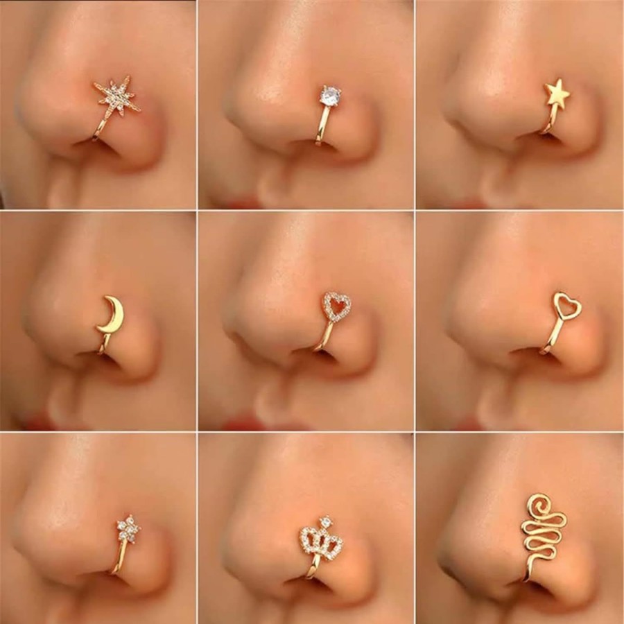 Hmooy Hmooy 9Pcs Fake Nose Rings, Gold African Nose Cuff Non Piercing Clip On Nose Ring Nose Clip Nose Ring Fake Nose Ring Cuff Nose Clip Jewelry For Women Men Faux Body Piercing Jewelry