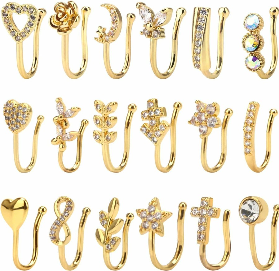 CrazyPiercing Crazypiercing 18Pcs Fake Nose Ring Cz African Nose Cuffs Gold Faux Septum Nose Rings Clip On Nose Jewelry For Woman Non Pierced Jewelry(18P) Faux Body Piercing Jewelry