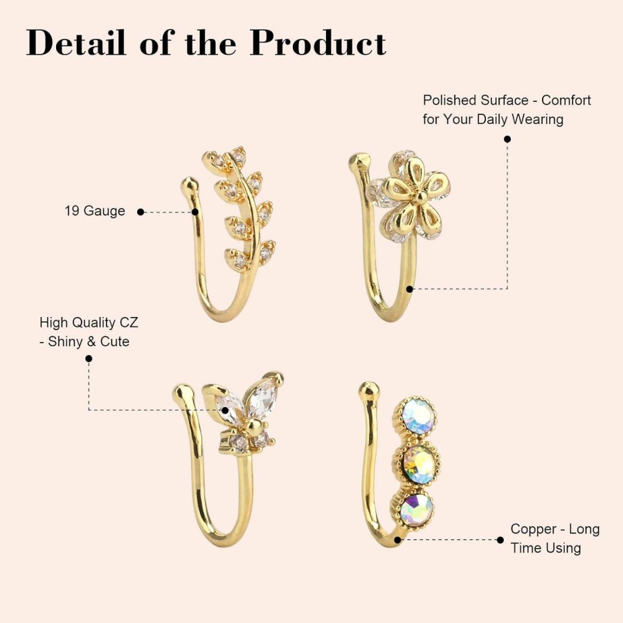 CrazyPiercing Crazypiercing 18Pcs Fake Nose Ring Cz African Nose Cuffs Gold Faux Septum Nose Rings Clip On Nose Jewelry For Woman Non Pierced Jewelry(18P) Faux Body Piercing Jewelry