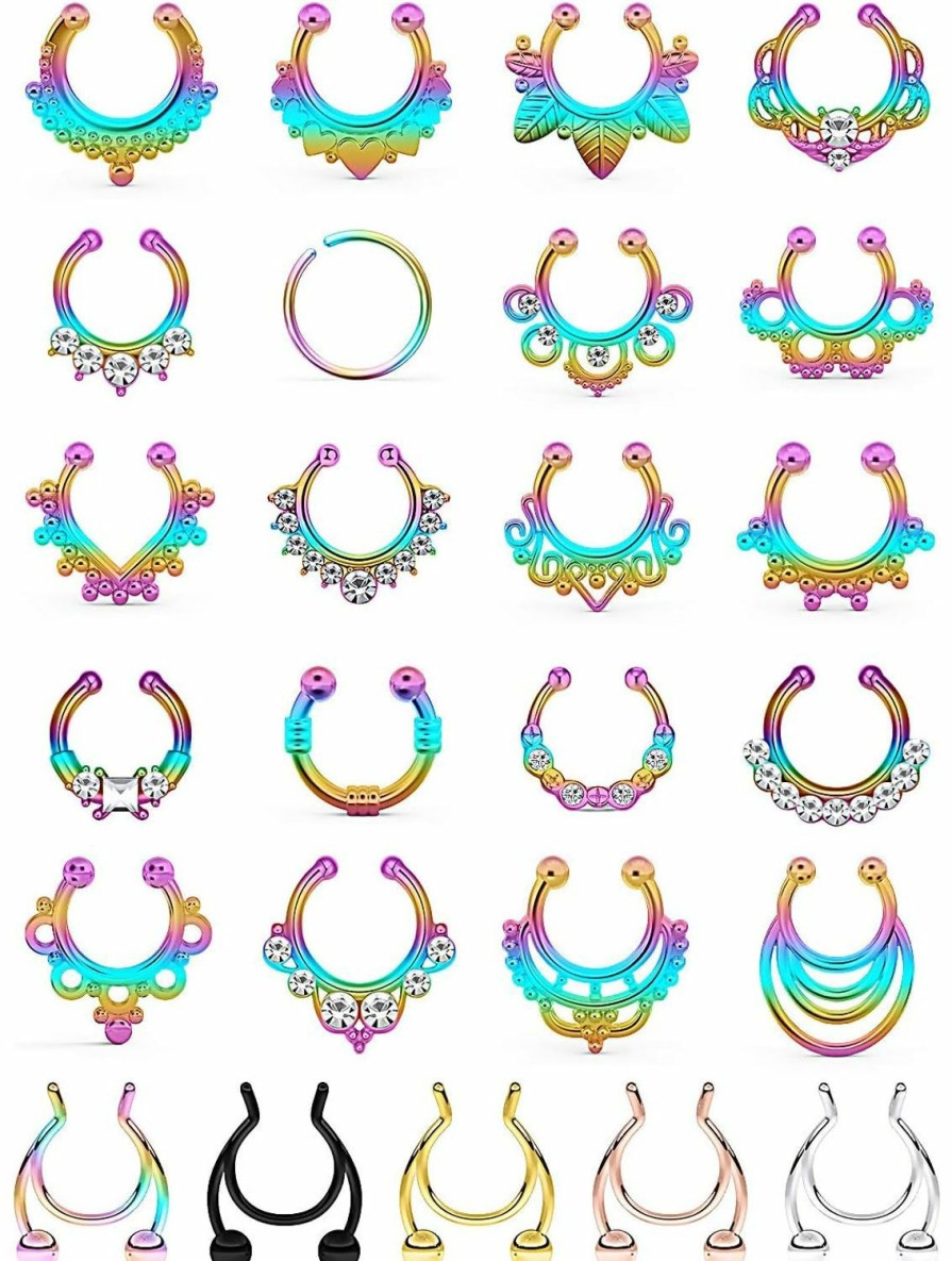 Prjndjw Prjndjw Fake Septum Nose Hoop Rings Stainless Steel Faux Lip Ear Nose Septum Ring Non Piercing Clip On Nose Hoop Rings Body Piercing Jewelry 25Pcs Women Man Faux Body Piercing Jewelry