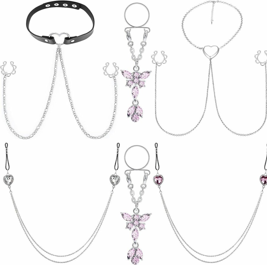 Generic Pexveiuu Fake Faux Nipple Ring Belly Piercing Jewelry Choker Necklaces Chain Women Stainless Surgical Steel Non Piercing Color A Border-00019 0 Faux Body Piercing Jewelry