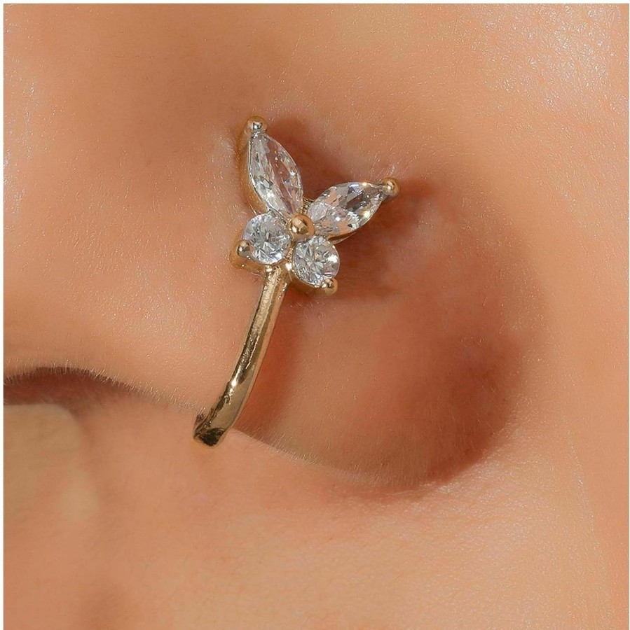 Erimberate Erimberate Punk Crystal Nose Ring Gold Cz Butterfly Clip On Nose Ring Crystal Butterfly Nose Ring Rhinestone Butterfly Nose Ring Hoop Jewelry For Women And Girls Gifts Faux Body Piercing Jewelry