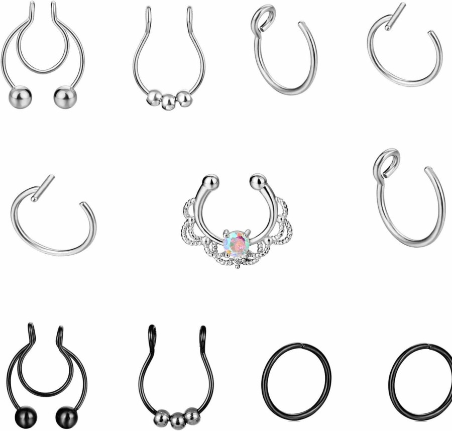 JDXN Jdxn11Pcs Fake Septum Nose Rings Hoop Rings Body Piercing Jewelry Lip Ear Nose Ring For Women Men Faux Body Piercing Jewelry