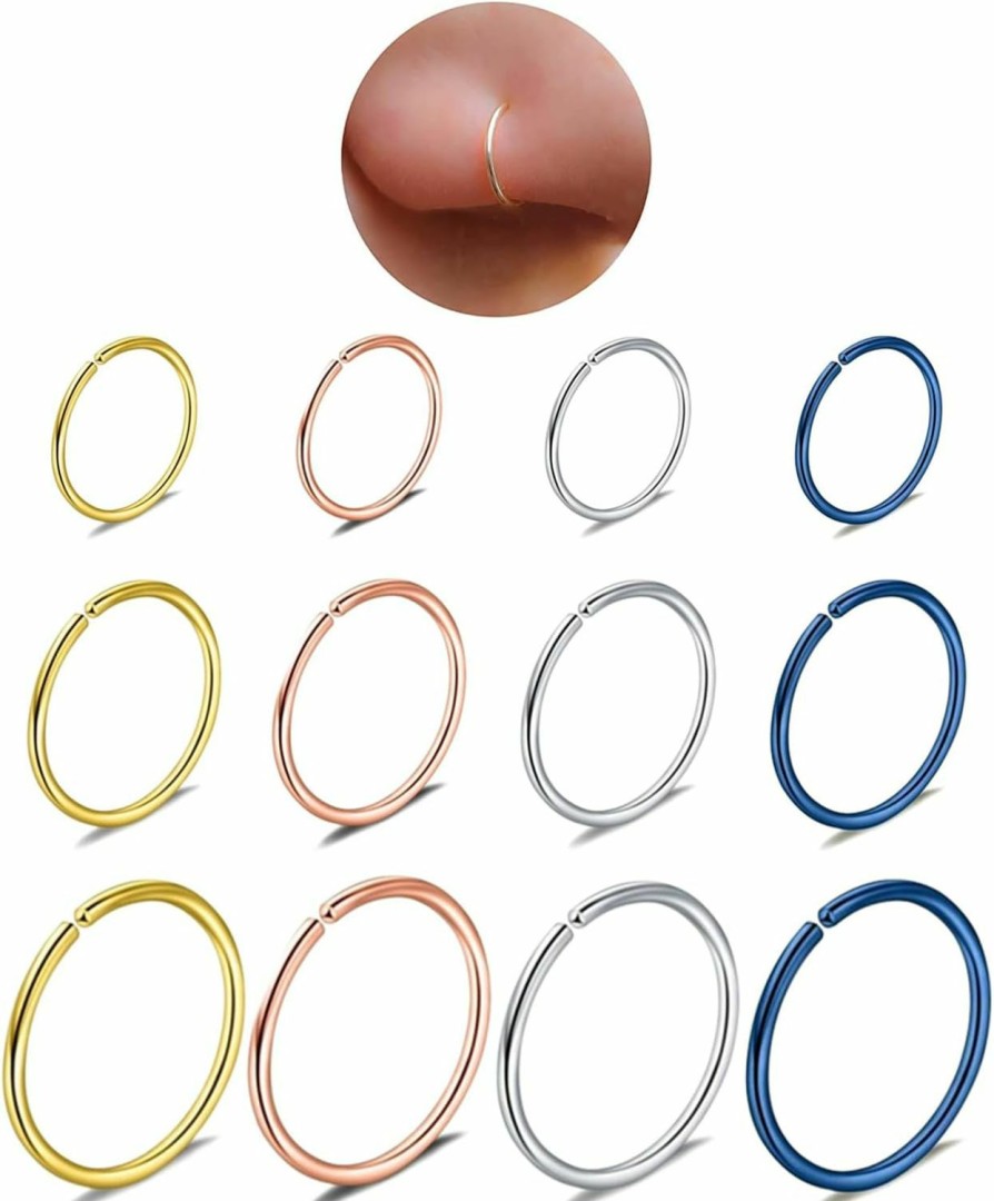 AMASIS 12 Pcs Stainless Steel Hoop Nose Ring Cartilage Ring Set 4 Color Set, 20G Hypoallergenic 316L Stainless Steel Fake Earrings Nose Rings Septum Hoops Tiny Silver Piercing Jewelry 6-7-8Mm For Women Men Faux Body Piercing Jewelry