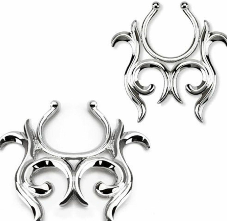 Body Accentz Body Accentz Nipple Rings No Piercing Pair Non-Piercing Clip On Nipple Ring Tribal Floral Flower Heart Pair (Silvertone Tribal) Faux Body Piercing Jewelry