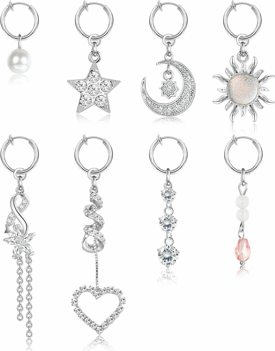 ZZHDCC Zzhdcc Fake Belly Ring 316L Surgical Steel Navel Piercing Jewelry For Women Sunflower Butterfly Heart Dangle Fake Belly Button Ring 3-9Pcs Silver Clip On Belly Button Rings Faux Body Piercing Jewelry