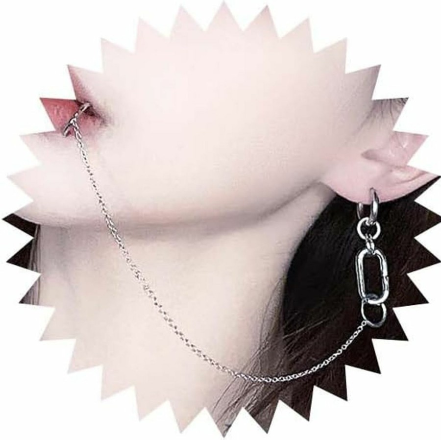 WZNBBOY Wznbboy Lip Ring Chain To Ear Hoop Nose Ring Gothic Clip On Non Piercing Lip Helix Cartilage Clip On Wrap Earrings Fake Lip Rings Body Jewelry For Women Faux Body Piercing Jewelry