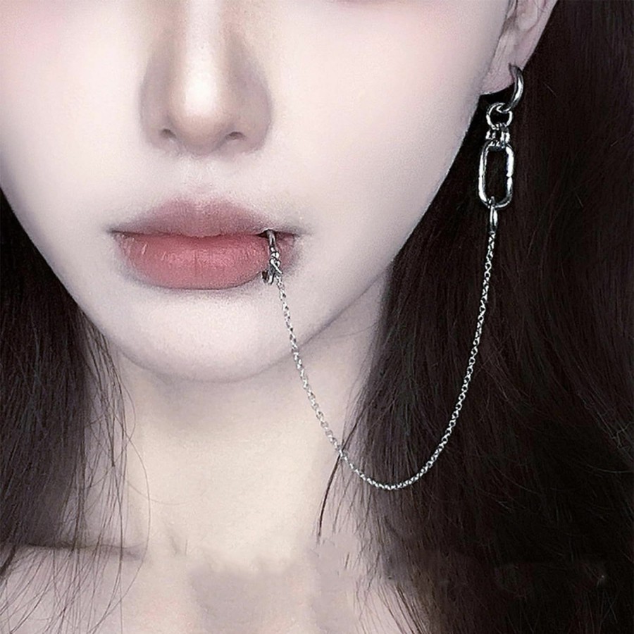 WZNBBOY Wznbboy Lip Ring Chain To Ear Hoop Nose Ring Gothic Clip On Non Piercing Lip Helix Cartilage Clip On Wrap Earrings Fake Lip Rings Body Jewelry For Women Faux Body Piercing Jewelry