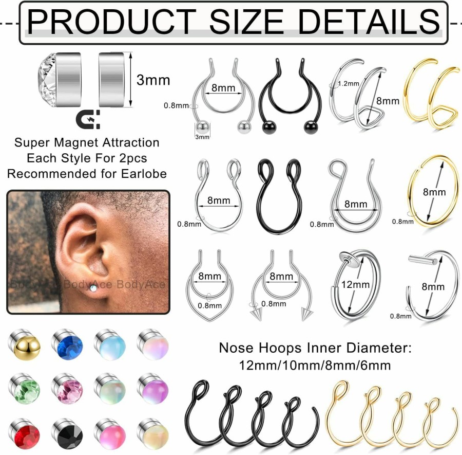 BodyAce Bodyace Fake Nose Rings Hoop, Faux Septum Ring Nose Stud Fake Earrings, Pretend Lip Stud Fake Belly Ring For Women Faux Body Piercing Jewelry