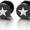 COOLSTEELANDBEYOND Black Steel Mens Women Pentagram Star Stud Earrings, Cheater Fake Ear Plugs Gauges, 2 Pcs Faux Body Piercing Jewelry