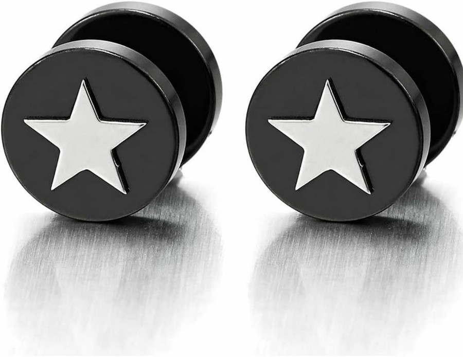 COOLSTEELANDBEYOND Black Steel Mens Women Pentagram Star Stud Earrings, Cheater Fake Ear Plugs Gauges, 2 Pcs Faux Body Piercing Jewelry