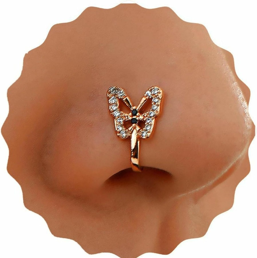 Crymystal Crymystal Vintage Rhinestone Butterfly Nose Ring Gold Fake Compartment Nose Ring Nail U-Shaped Clip Nose Nail Bendable Nose Ring Personality Nose Ring Jewelry For Women And Girls Gifts Faux Body Piercing Jewelry