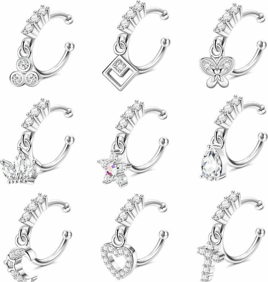 Florideco Florideco 9 Pcs 20G Dangle Fake Nose Rings Hoops For Women Cz Dangle Nose Rings Non Piercing Cartilage Earring Nose Cuffs Dangling Faux Nose Piercing Jewelry Faux Body Piercing Jewelry