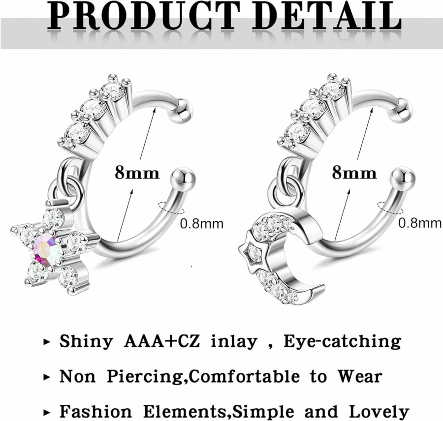 Florideco Florideco 9 Pcs 20G Dangle Fake Nose Rings Hoops For Women Cz Dangle Nose Rings Non Piercing Cartilage Earring Nose Cuffs Dangling Faux Nose Piercing Jewelry Faux Body Piercing Jewelry