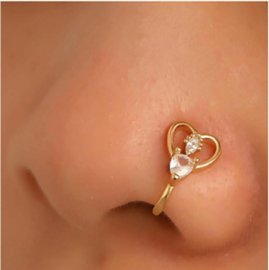 Andelaisi Andelaisi Punk Crystal Heart Nose Ring Vintage Cz Heart Fake Nose Ring Gold Heart Nose Cuff Hoop Ring Non Pierced Nose Ring Gothic Clip On Nose Ring Jewelry For Women And Girls Faux Body Piercing Jewelry