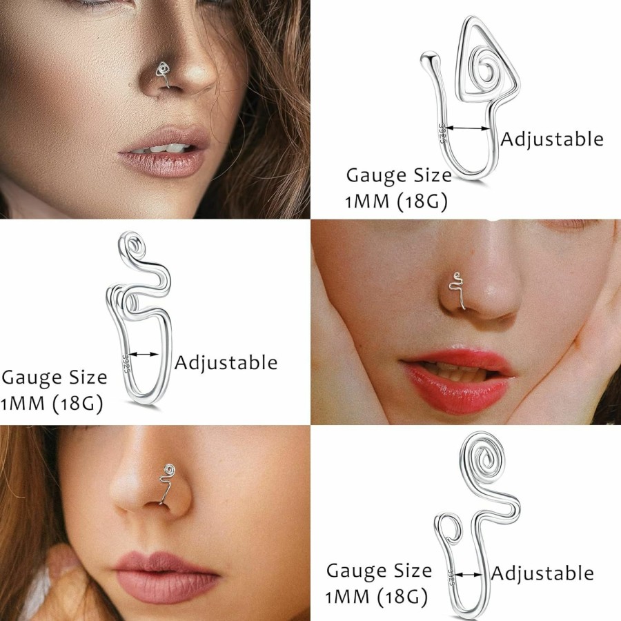 Sllaiss Sllaiss 3Pcs Fake Septum Nose Rings 925 Sterling Silver Clip On Cz Nose Hoop Rings For Women Faux Nose Piercing Jewelry Set Faux Body Piercing Jewelry