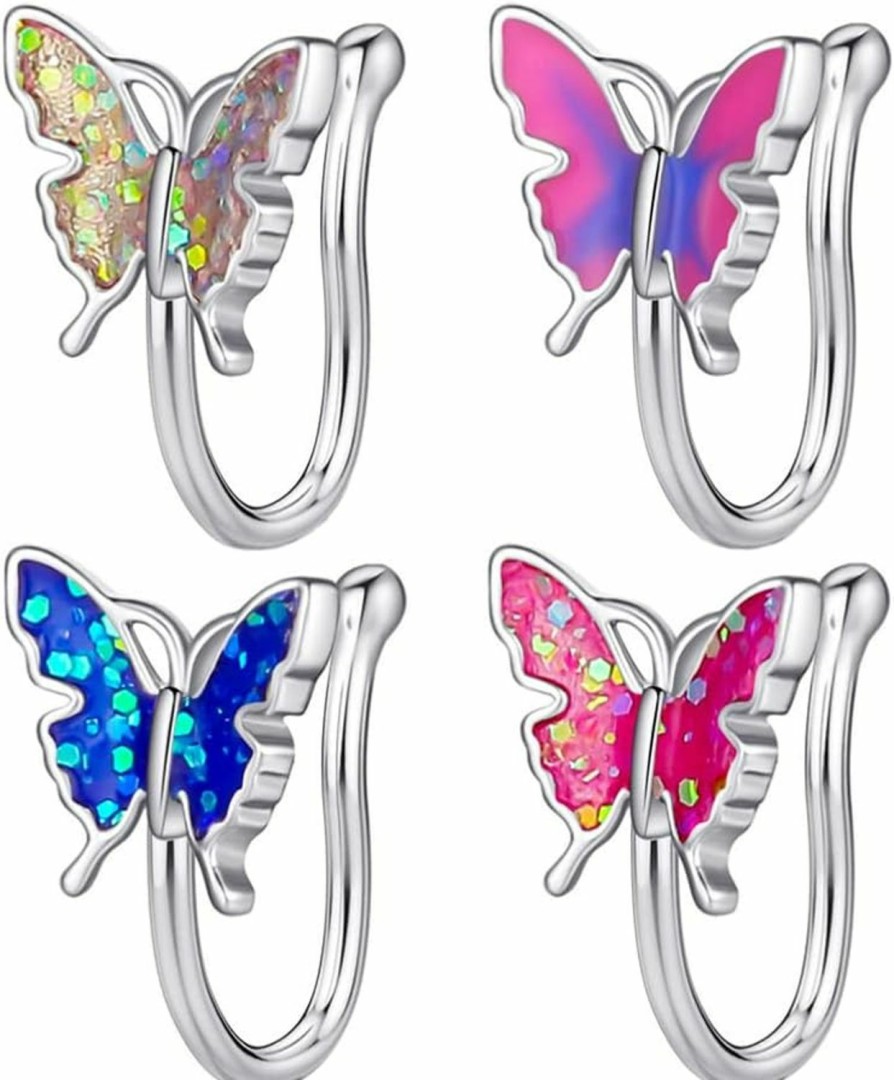 Generic Generic Crystal Butterfly Nose Cartilage Ring Hoop Nose Septum Rings Fake Nose Cuff Nose Clips Piercing Jewelry Nose Accessories For Women Men, Assorted Color, 0.9X0.9Cm Faux Body Piercing Jewelry