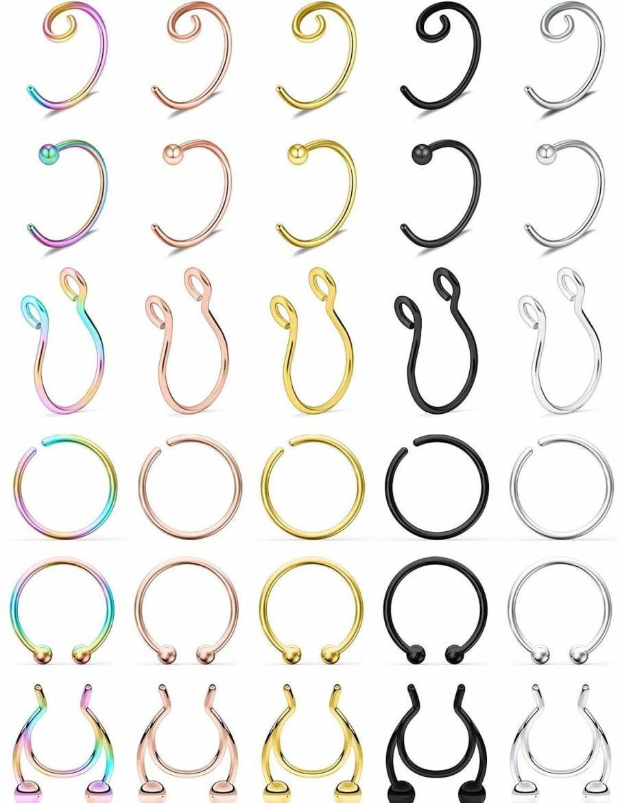 SCERRING Scerring Fake Septum Nose Hoop Rings Stainless Steel Faux Lip Ear Nose Septum Ring Non Piercing Clip On Nose Hoop Rings Body Piercing Jewelry 30Pcs Faux Body Piercing Jewelry