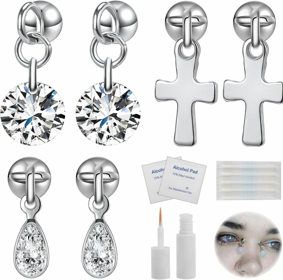 ZS Zs 6Pcs Face Jewels Eyes Face Gems With Eyelash Glue, Mermaid Rhinestones Pendant Non-Piercing Body Jewelry Fake Skin Piercing For Festival Rave Party Faux Body Piercing Jewelry