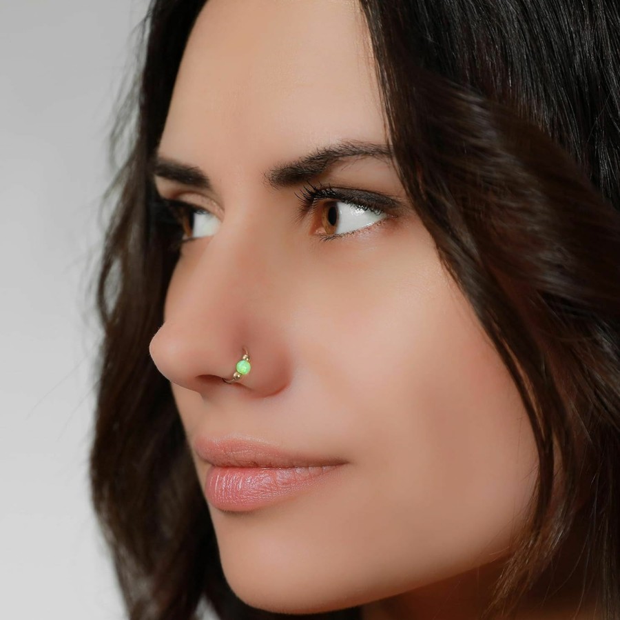 Generic Fake Gold Nose Ring 20 Gauge With Green Opal - Faux Nose Hoop Jewelry No Piercing Needed - Handmade Fake Nose Rings Faux Body Piercing Jewelry