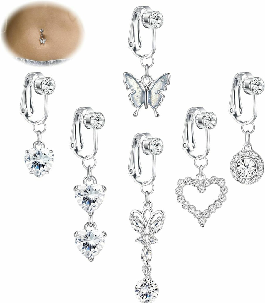 JeryWe Jerywe 6 Pcs Fake Belly Ring Clip On Belly Button Rings Fake Belly Surgical Steel Fake Belly Button Ring For Women Cz Butterfly Heart Belly Piercing Fake Navel Ring Non Piercing Jewelry Faux Body Piercing Jewelry