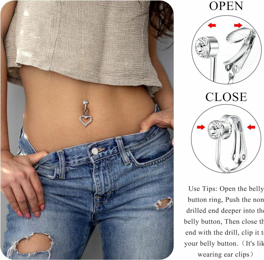 JeryWe Jerywe 6 Pcs Fake Belly Ring Clip On Belly Button Rings Fake Belly Surgical Steel Fake Belly Button Ring For Women Cz Butterfly Heart Belly Piercing Fake Navel Ring Non Piercing Jewelry Faux Body Piercing Jewelry