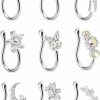 Barnabys Barnabys Nose Cuffs Non Piercing. Pack Of 9 Nose Cuffs - Silver With Rhinestones. 9 Stylish Designs To Choose From - Nose Cuff Jewellery For Non Pierced Nose - Clip On Design - Silver Faux Body Piercing Jewelry