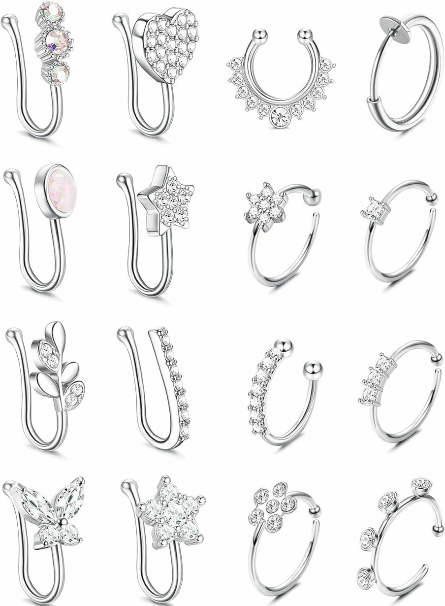 DOLOTTA Dolotta 12-16Pcs Nose Cuff Fake Nose Ring Hoop Clip On Nose Ring Cz Dangle Fake Nose Ring Cartilage Tragus Ring Nose Cuff Non Piercing For Women Men Faux Body Piercing Jewelry