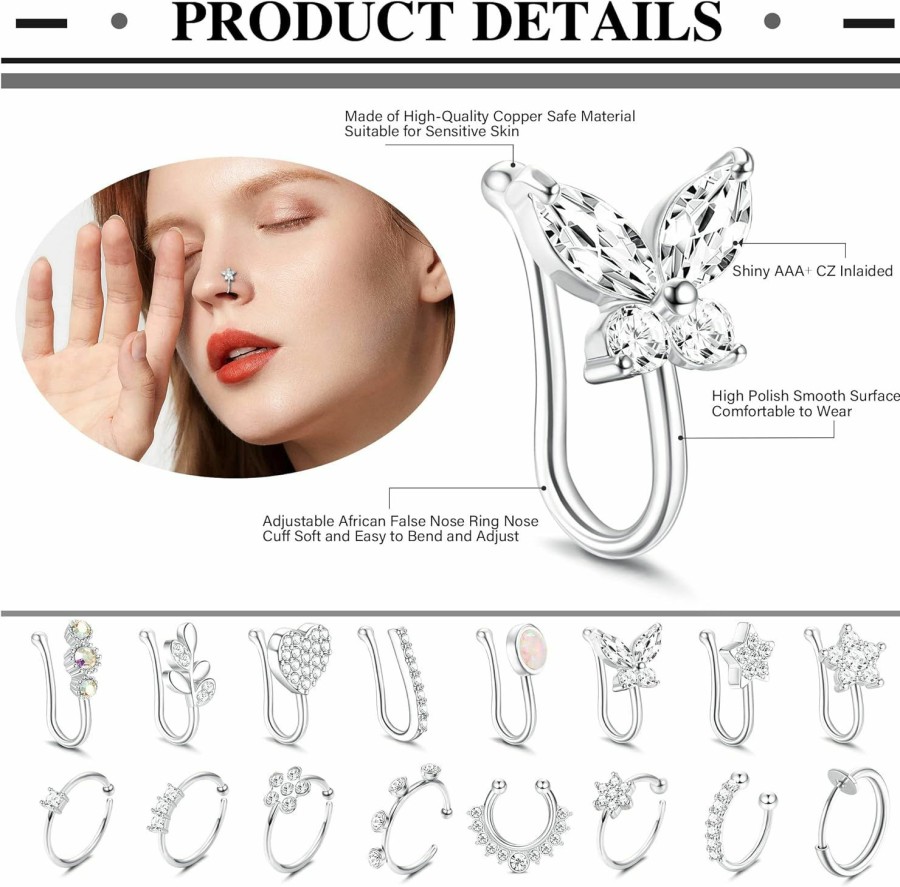 DOLOTTA Dolotta 12-16Pcs Nose Cuff Fake Nose Ring Hoop Clip On Nose Ring Cz Dangle Fake Nose Ring Cartilage Tragus Ring Nose Cuff Non Piercing For Women Men Faux Body Piercing Jewelry