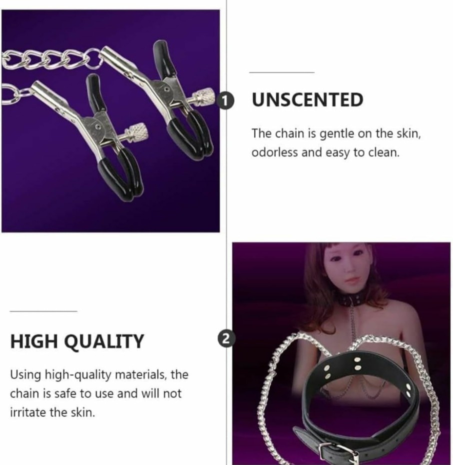 IGEUZA Igeuza Adjustable Nipple Clips Leather Collar Choker Necklace Body Chain Non-Piercing Nipple Rings Chain For Women Adult Sex Toys Faux Body Piercing Jewelry