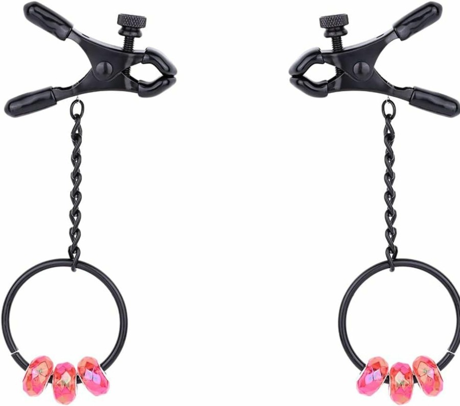 LANWAN Lanwan Black Nipple Clamps Non-Piercing Nipple Clip With O-Ring Beads Adjustable Body Chain Jewelry Decorations For Women Girls (Red) Faux Body Piercing Jewelry