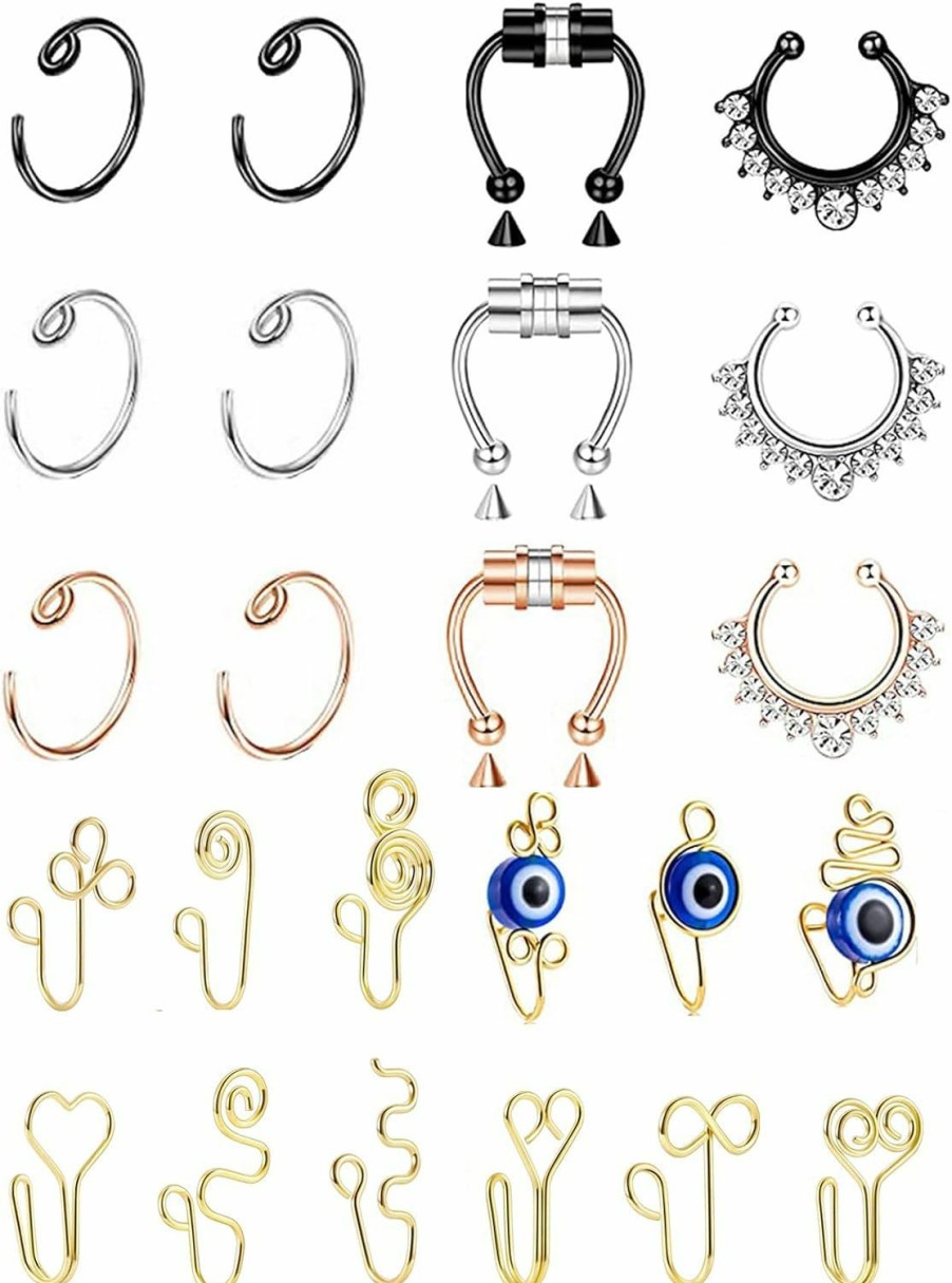 REVOLIA Revolia 24Pcs Faux Nose Ring Fake Septum Piercing Nose Cuff Fake Septum Ring Faux Lip Ear Ring Clip On Non Piercing Set Faux Body Piercing Jewelry