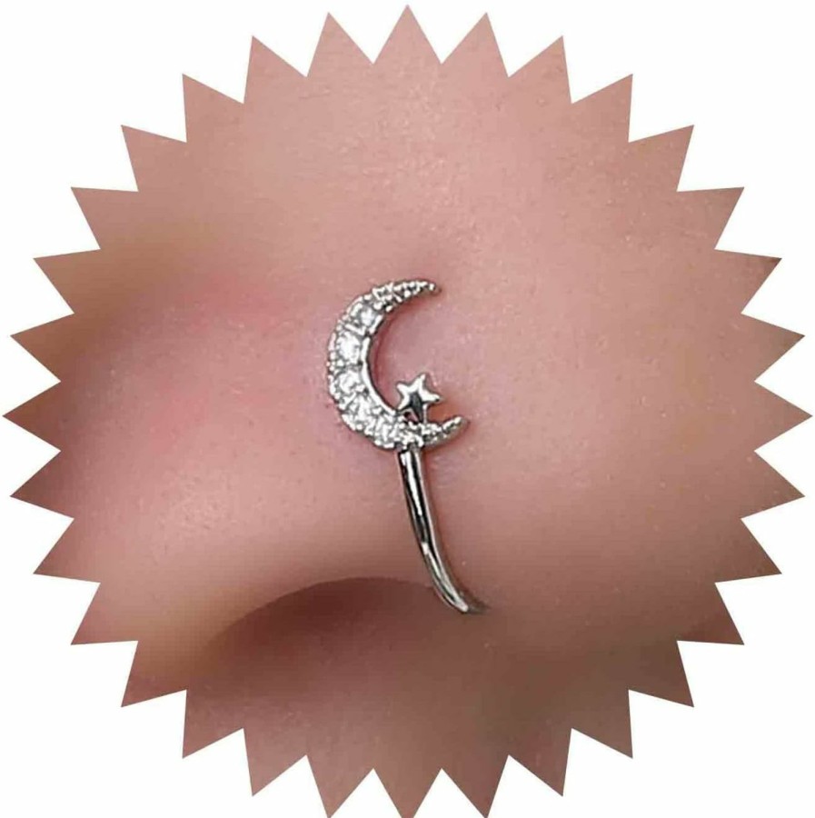 Andelaisi Andelaisi Punk Crystal Moon Clip On Nose Ring Silver Crescent Star Fake Nose Ring Vintage Cz Moon Star Nose Ring Silver Crescent Star Fake Nose Ring Non Pierced Nose Ring Jewelry For Women And Girls Faux Body Piercing Jewelry