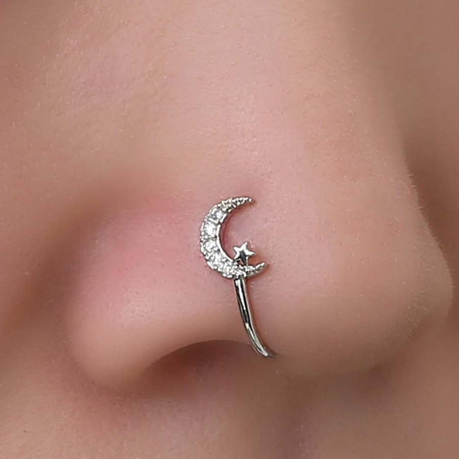 Andelaisi Andelaisi Punk Crystal Moon Clip On Nose Ring Silver Crescent Star Fake Nose Ring Vintage Cz Moon Star Nose Ring Silver Crescent Star Fake Nose Ring Non Pierced Nose Ring Jewelry For Women And Girls Faux Body Piercing Jewelry