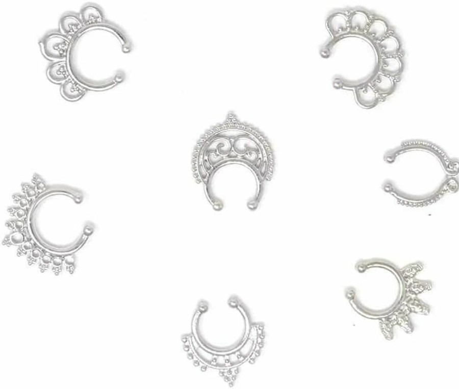 Honbay Honbay 7Pcs Mix Style Silver Fake Septum Clicker Nose Ring Non Piercing Hanger Clip Body Jewelry Faux Body Piercing Jewelry